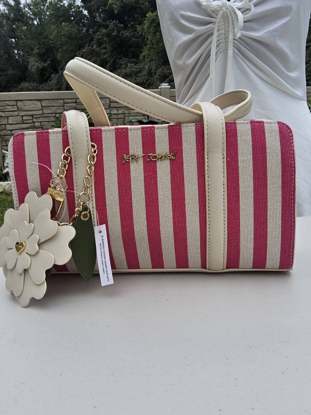 Betsey Johnson Pink and Cream Striped Shoulder Bag with Floral Charm Keychain